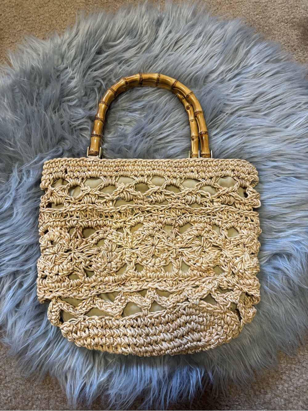 Beautiful Crochet Straw Bag with Bamboo Handles - Vintage Vibe Summer Tote
